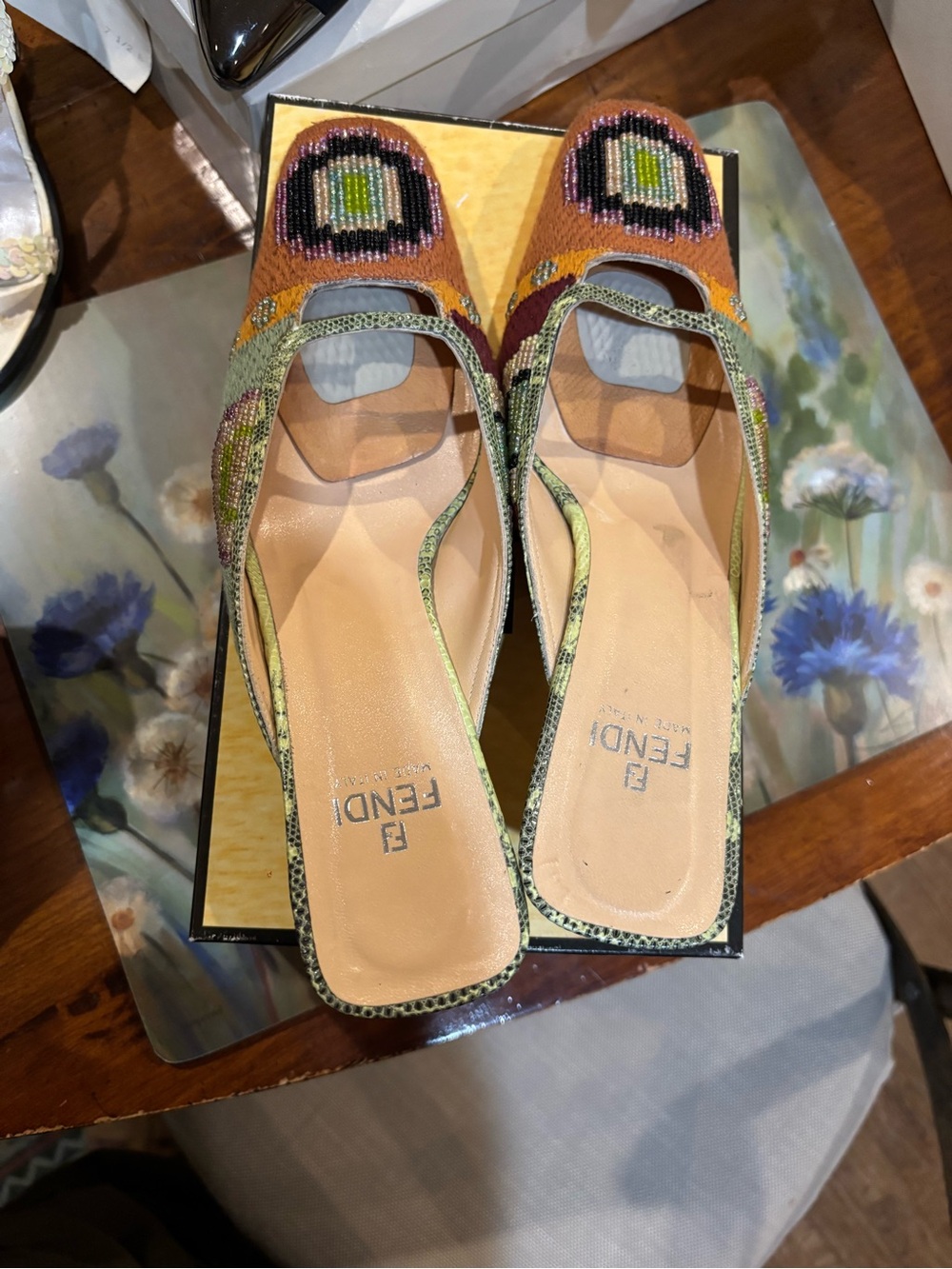 Fendi Orange Green Multicolor Beaded Slingback Mules